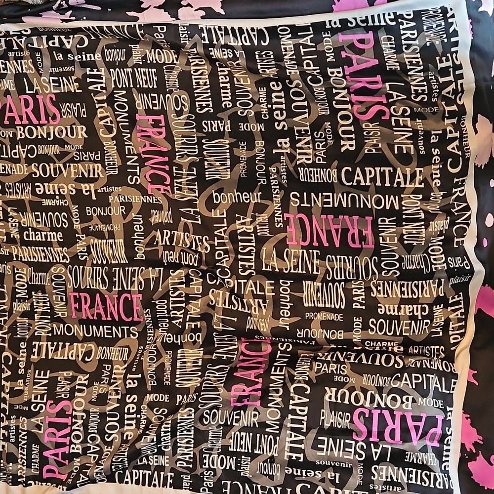 Souvenirs de Paris - Satin Parisian Scarf in Purple, Grey, White, and Black